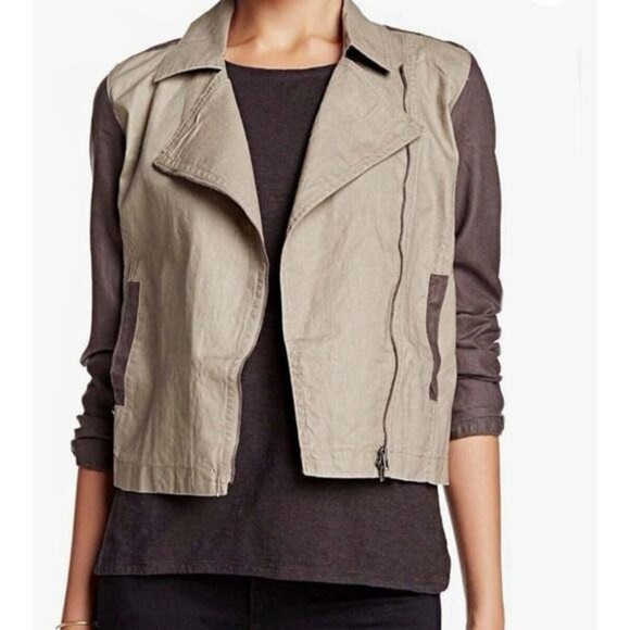 Eileen Fisher Women's Medium Coated Organic Linen Moto Jacket Full Zip Collared - Picture 1 of 16
